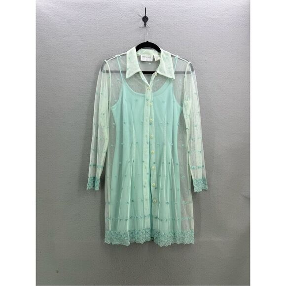 Vintage Y2K Hugo Buscati Mint Blue Mesh Embroidered Eyelet Shirt Dress  Sizs S - Picture 8 of 9